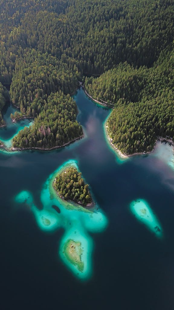 Discover a breathtaking aerial view showcasing vibrant lake islands surrounded by lush forests.
